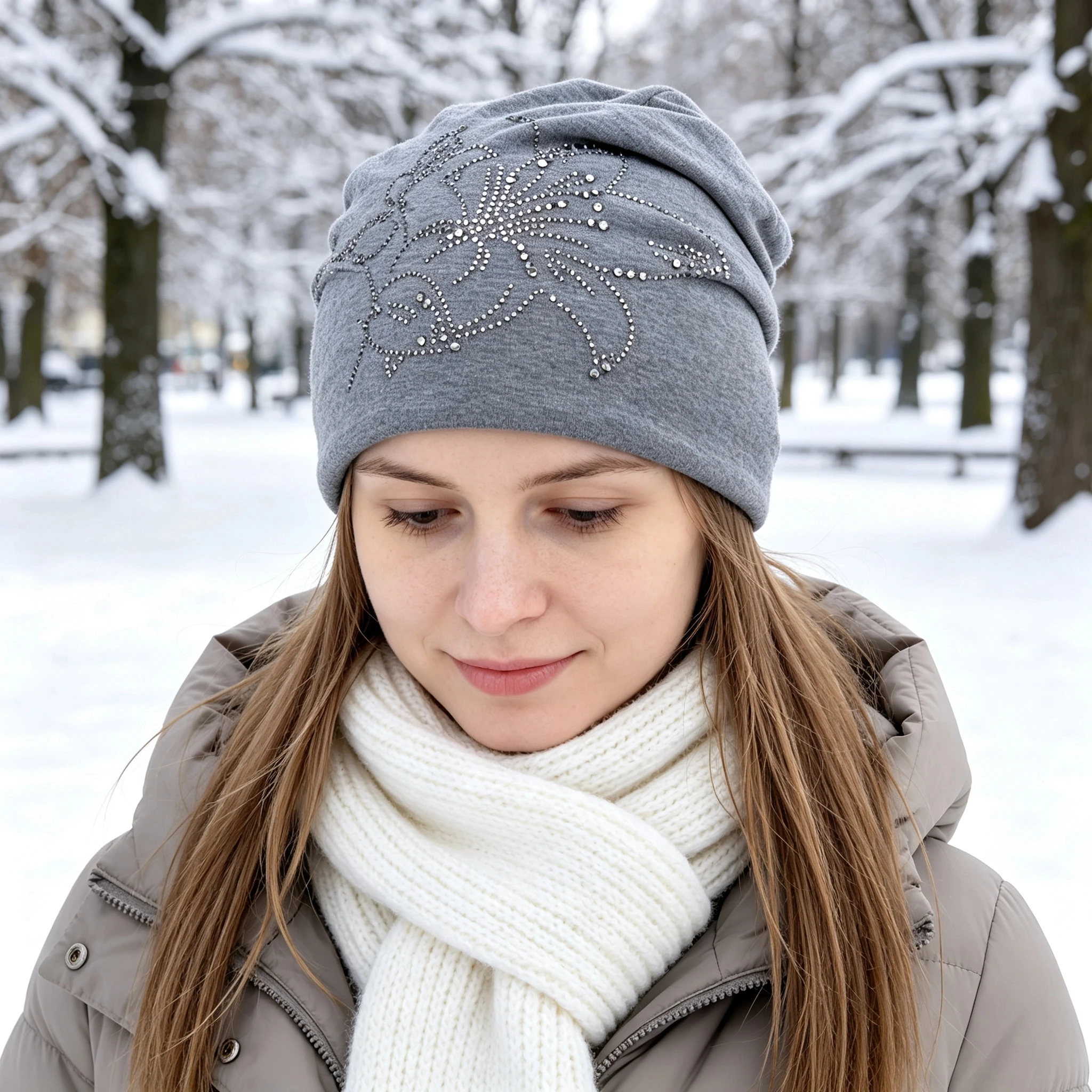Women Slouchy Beanie Shiny With Rhinestone Flower Fleece Lined Warm Winter Casual Ski Skull Hat Soft Elastic Stretchy Fit Daily