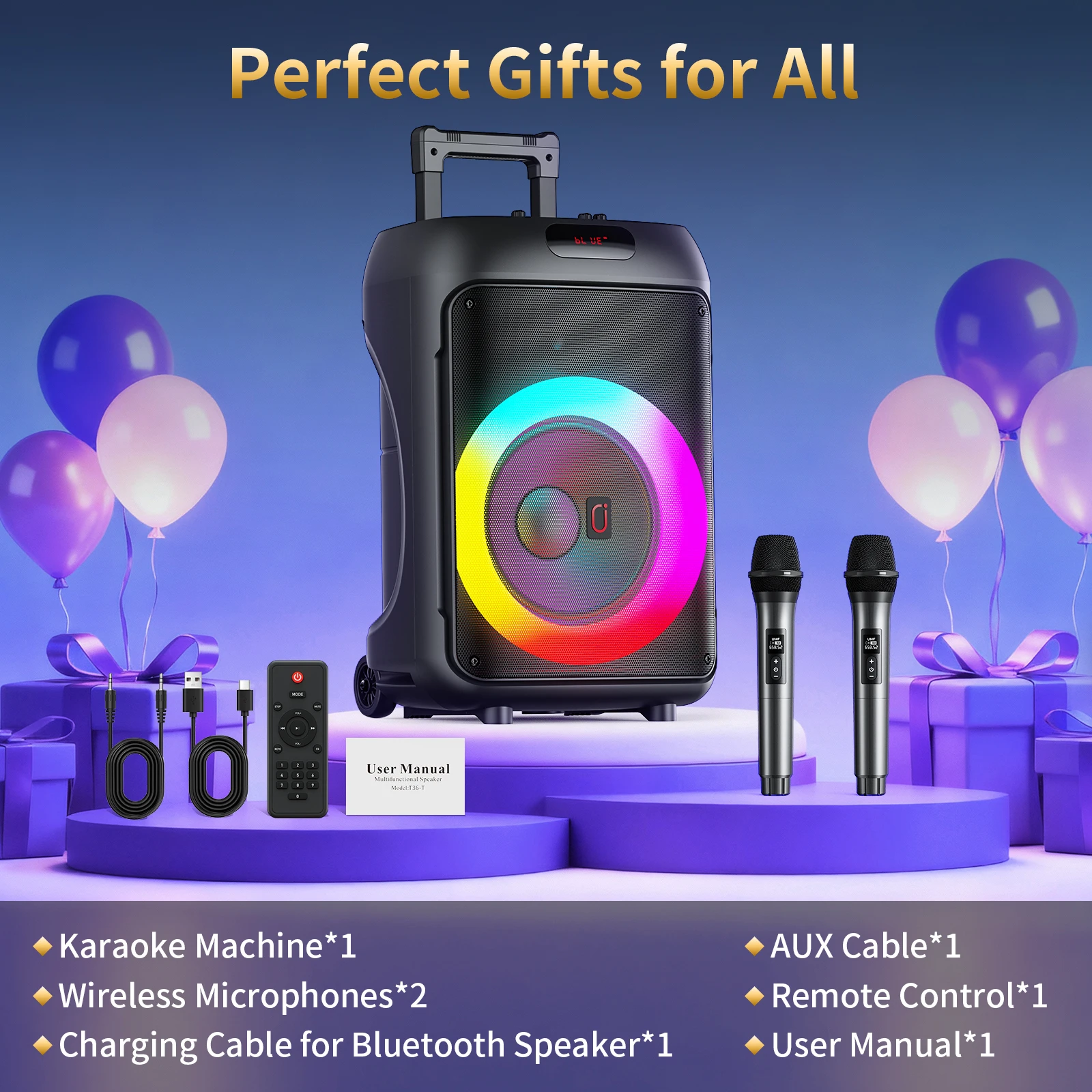 Głośnik karaoke T36, 6,5-calowy głośnik basowy, duży głośnik karaoke Bluetooth z 2 bezprzewodowymi mikrofonami, obsługuje funkcję wycięcia głosu