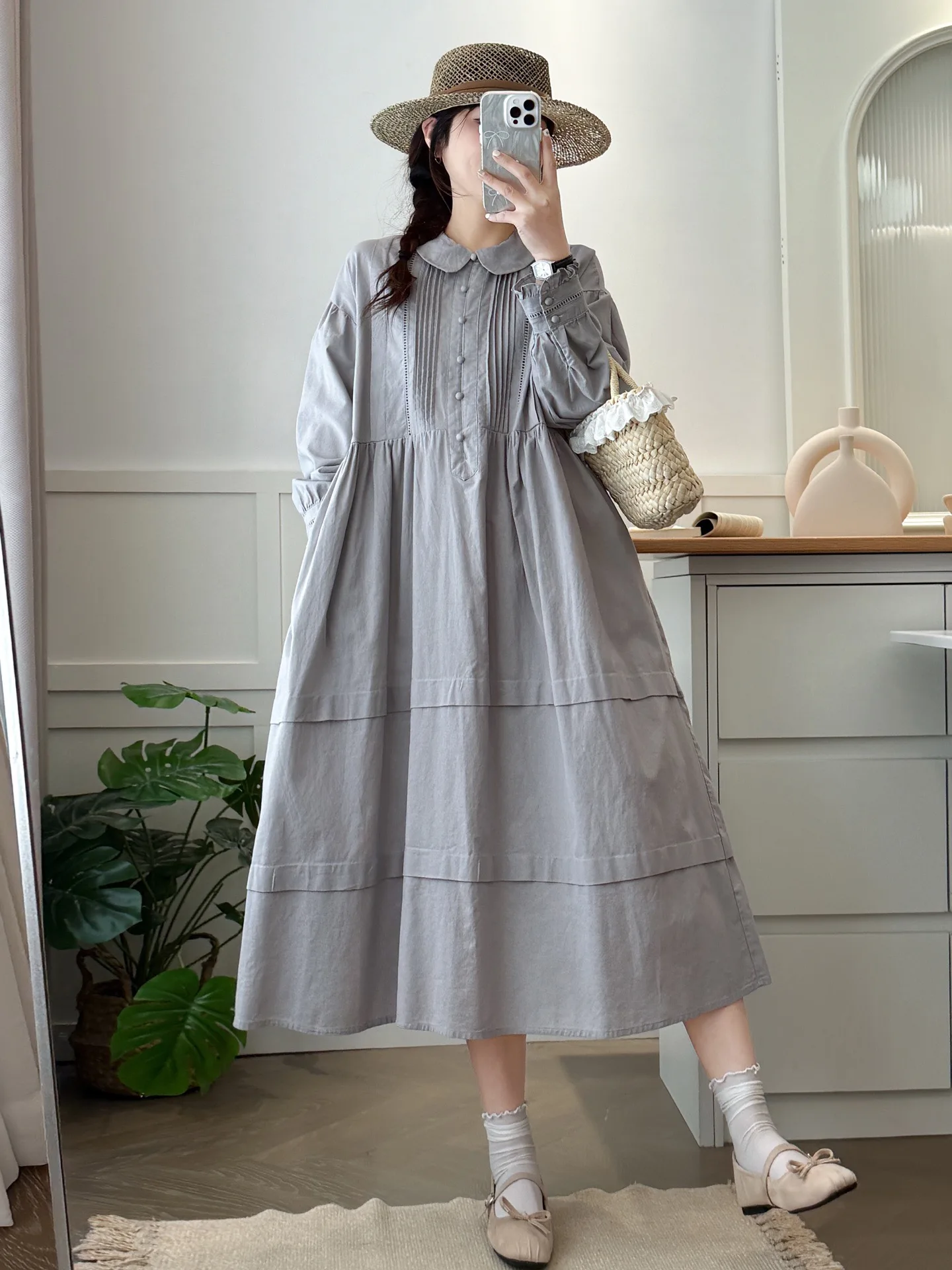 Korean Japanese Sle Cotton Doll Collar Long Sve Dr Accordion Pleat Vintage Artistic Long Skirt Women's Sweet Basic Si...