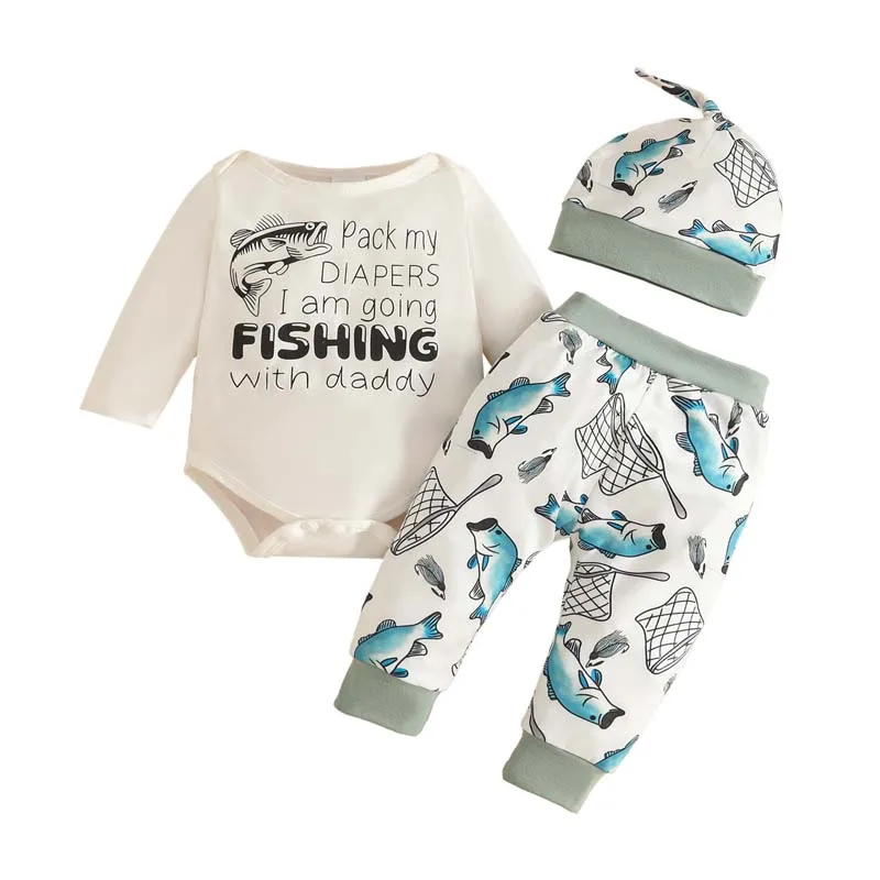 Baby Set Baby Boy Girl Clothing Long Sleeves Letter Print Onesie Cartoon Fish Pants and Hat 3Pcs/sets Newborn Outfits 0–18Month