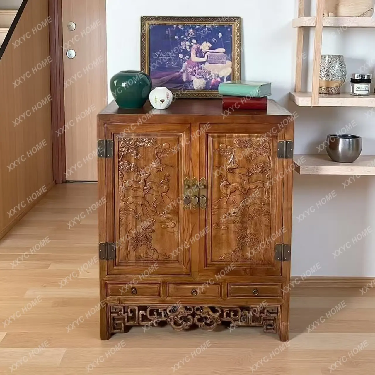 Classical solid wood carving flower entrance cabinet Solid wood custom medicinal material cabinet Retro style furniture locker