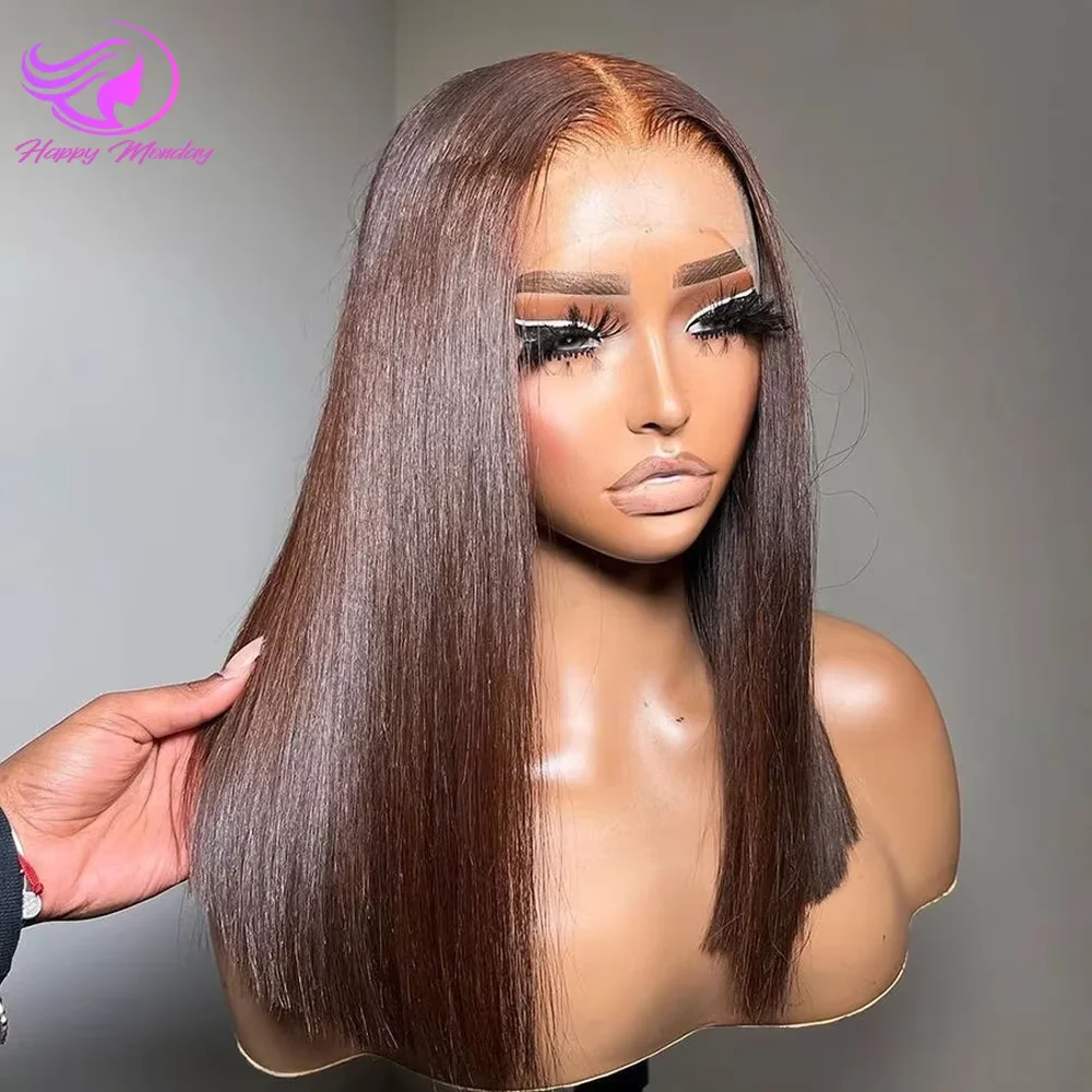 180% Color #4 Dark Brown Bob Wigs Straight 13x4 Lace Front Wig Free Part 8-16 Indian Human Hair Pre-plucked For Woman