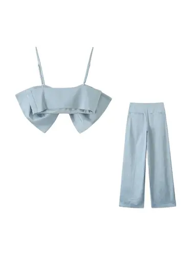 Imagen 2 del producto Moda Mujer con lazo, Tops cortos de satén y pantalones con cremallera lateral de cintura alta, conjuntos de dos piezas para Mujer