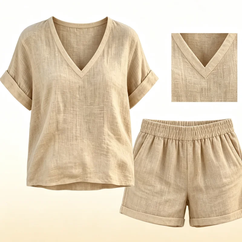 Two-piece Outfit for Women Short Sleeve Soft Polyester Shorts Lounge Outfits, Casual Vacation Matching Set with Pockets