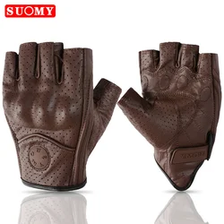 Fingerless Motorcycle Leather Gloves Protection Retro Summer Motocross Gloves Biker Motorcyclist Cycling Half Gloves Brown Black