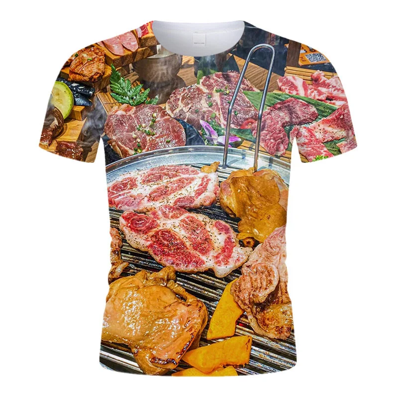 Grill Tintenfisch Kebab Muster T Shirt Für Männer 3D Gedruckt BBQ T-shirt Rundhals Kurzarm T-shirts Tops Straße Lose T-shirt