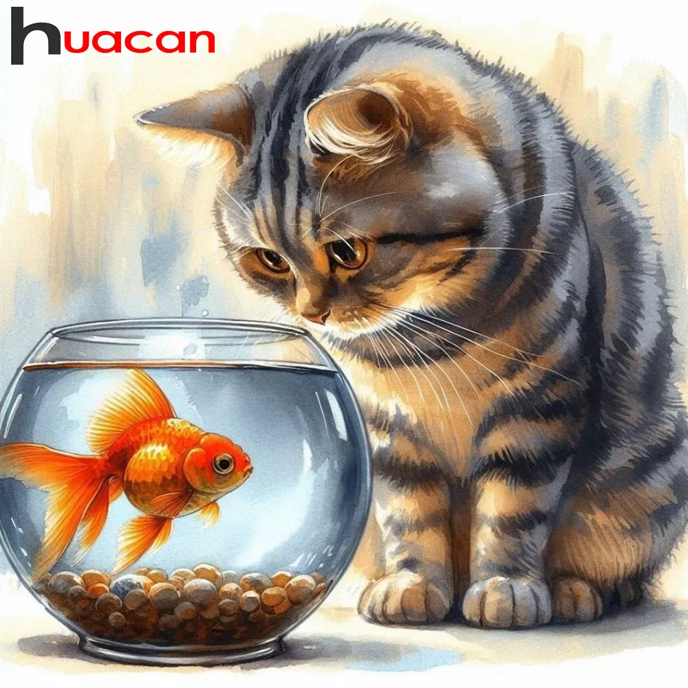 Huacan Vollquadrat-Rundbohrer DIY Diamantmalerei Katze Goldfisch Diamant-Mosaik Tier-Kunst Stickerei-Set Geschenk