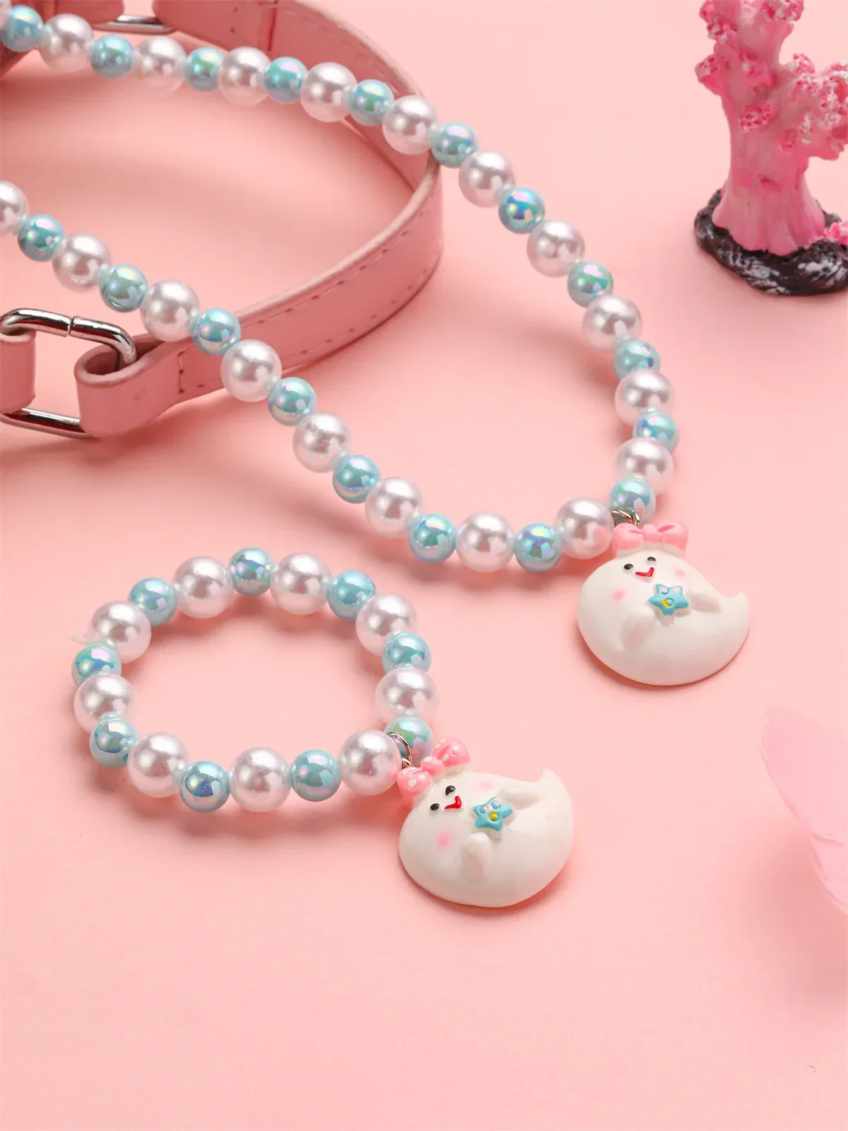 2 قطع الملونة تقليد اللؤلؤ قلادة سوار مجموعة أطفال بنات لعبة من الكارتون طقم مجوهرات الأطفال الأميرة تأثيري هدية