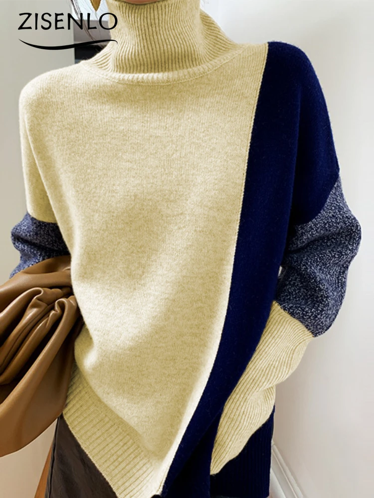 New Autumn Winter Casual Sweater Turtleneck Contrast Color Loose Sweater Oversized Sweater Pullover Korean Fashion