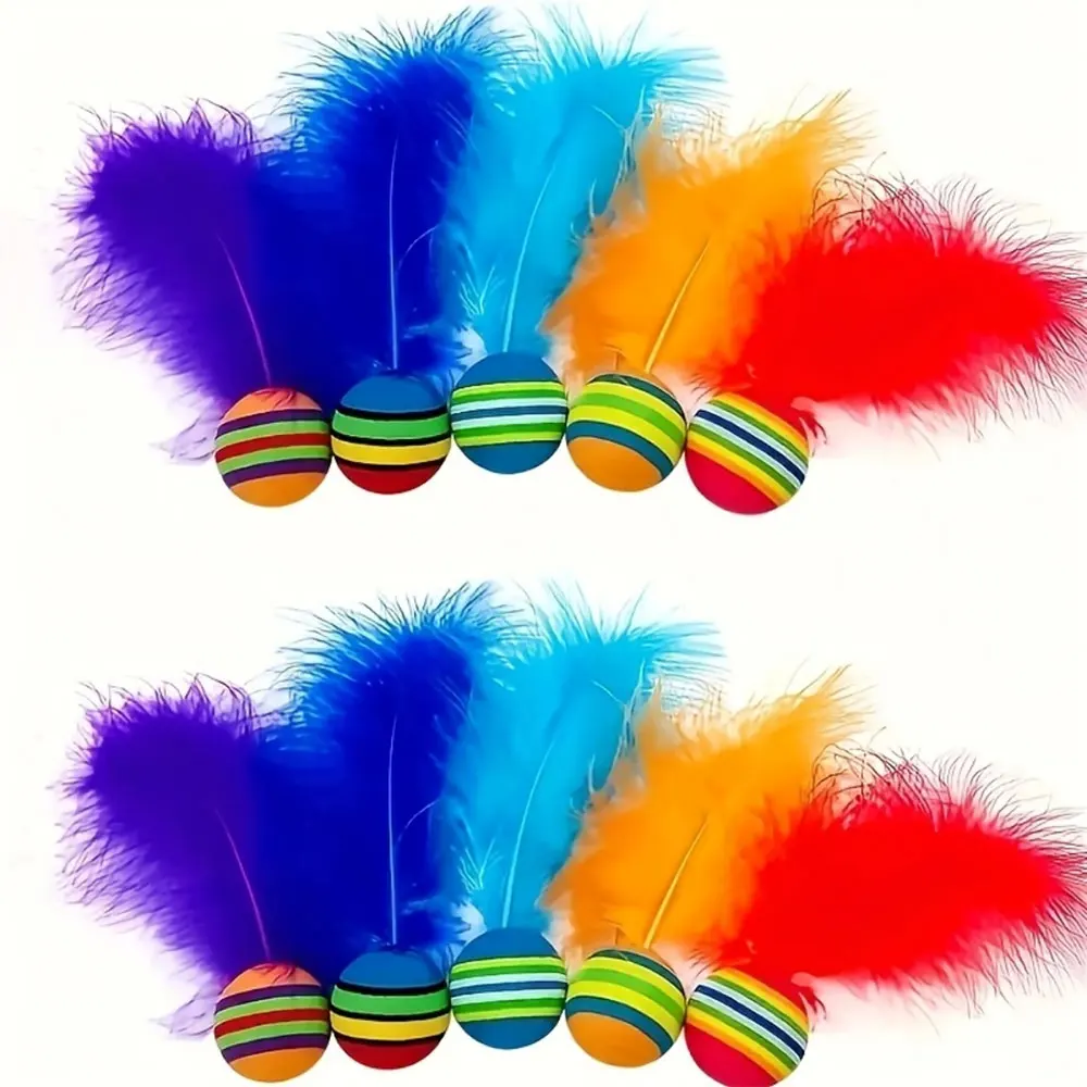 3/5/10 Stück, verschiedene Farben, kaubare, interaktive Katzenspielbälle, faszinierend und unterhaltsam, langlebig, zum Fangen, zum Spielen und für das Jagdtraining, mit künstlichen Federn, geräuschlos, zum Schießen und Verfolgen, verhindert Langeweile und zerstörerisches Verhalten, geeignet für Katzen im Innenbereich. – Detail 2