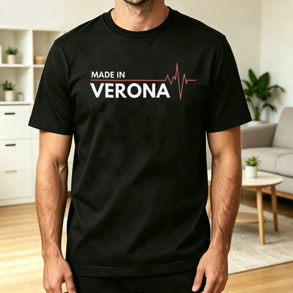 Made In Verona Red Heartbeat Line Summer Men Cotton T-Shirt City Origin Minimal ECG Simple Text Short Sleeve Costume