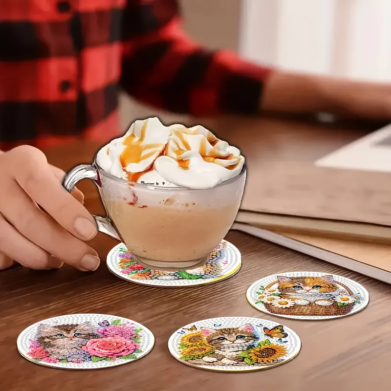 6-Piece DIY Diamond Painting Coasters Set with Stand - Spring Festival Cat Theme, Round and Unique Shaped Diamonds, Adult & Begi