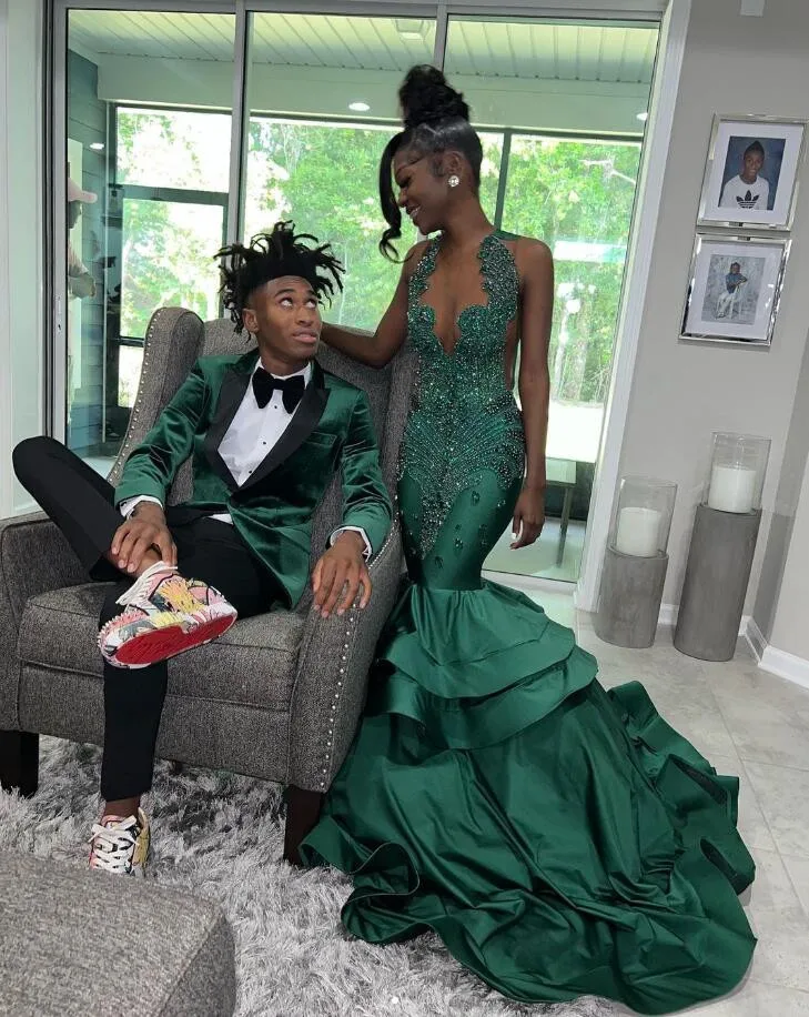 

Hunter Green Trumpet African Prom Dress for Black Girl Ruffles Train Crystal Beaded Sheer Mesh Birthday Party Gown فساتين الحفلا