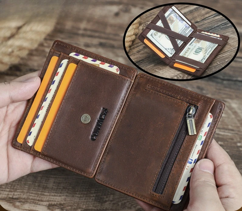Men's and women's green folding RFID leisure multi-function card chuck layer cowhide coin pocket square short card bag