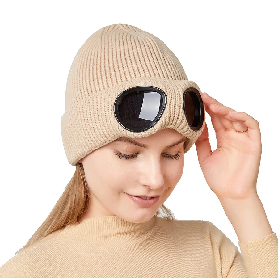 Men\'s and women\'s windproof glasses and cashmere ski knit hat solid color warm woolen hat