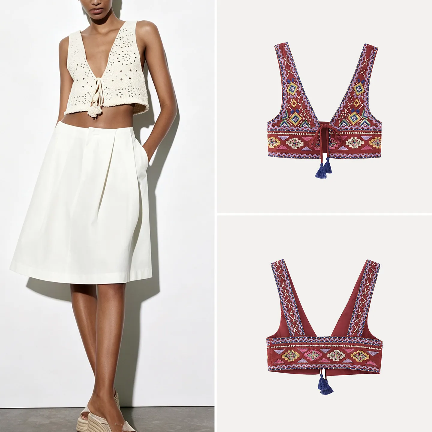 ZADATA Women's Embroidered Vest Sleeveless V-Neck Pendant Belted Short Top Fashionable Autumn Wear Casual Outerwear