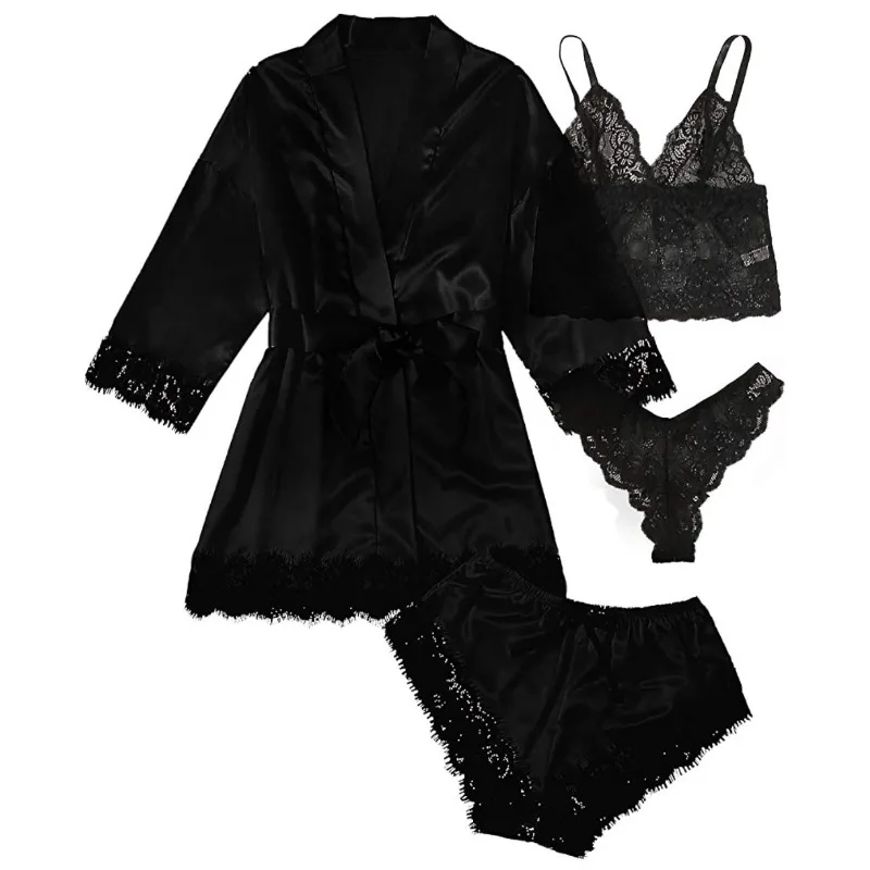 4Pcs/set bathrobe women\'s shower erotic lingerie home wear lace camisole shorts ladies solid colour nightgown pajamas four sets