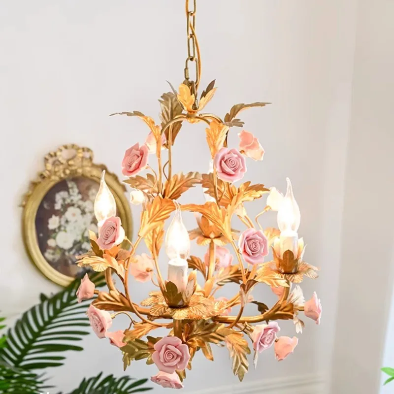 French pastoral chandelier creative rose clothing store guest dining room candle light American country children's room bedroom
