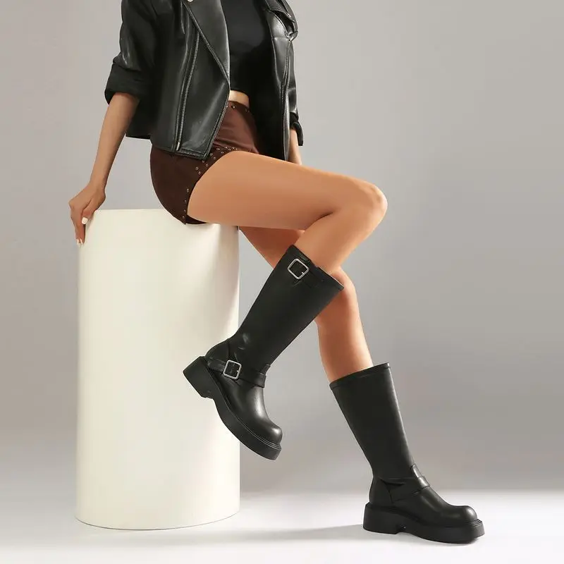 ORCHA LISA Lady Black Medium Boots Circular Toe 5cm Block Heel 3cm Platform Sole Slide In Belt Clasp Large Size 41 42 43