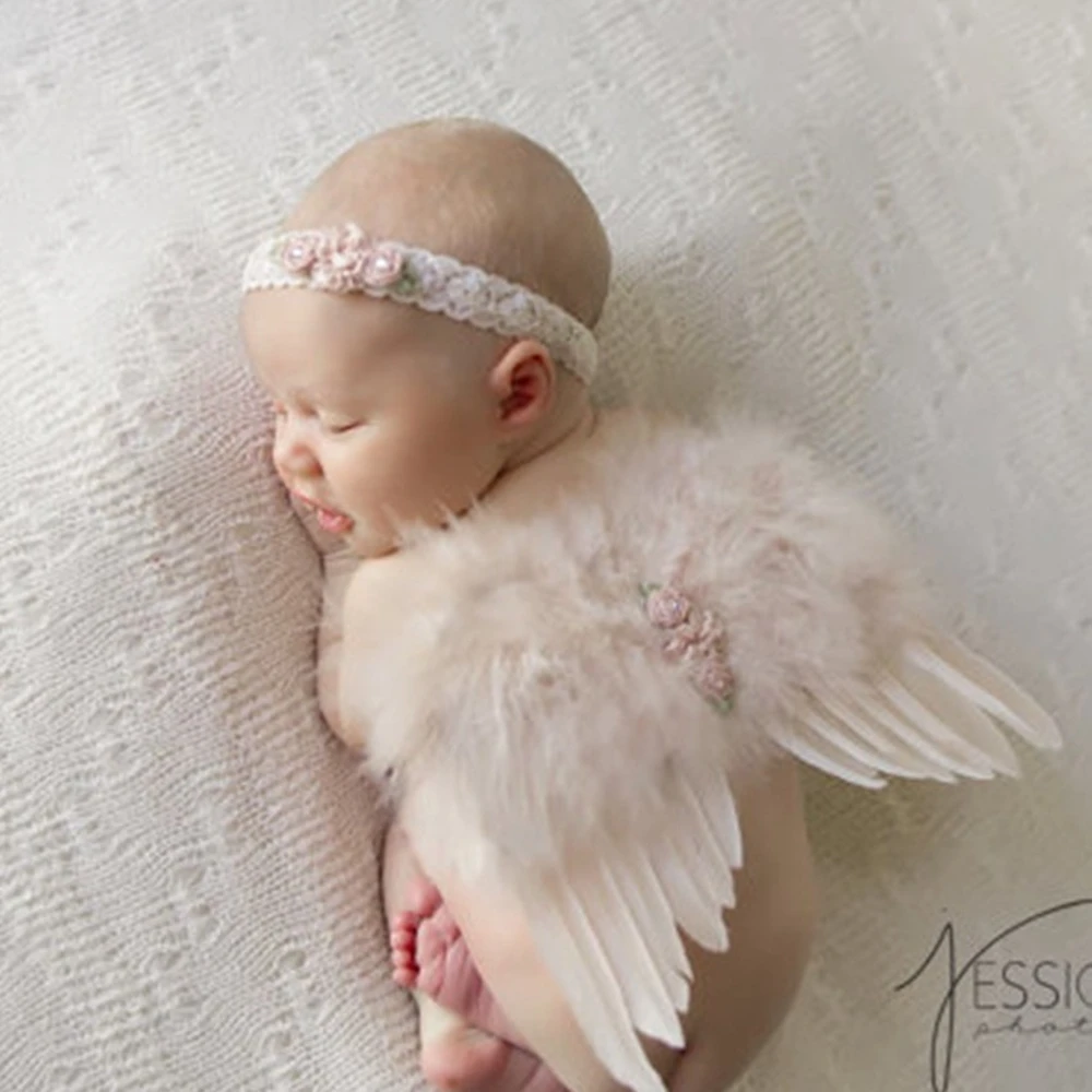 

Newborn Photography Outfit Baby White Feather Angel Wings Infant Headband Set Baby Photo Shoot Accessories