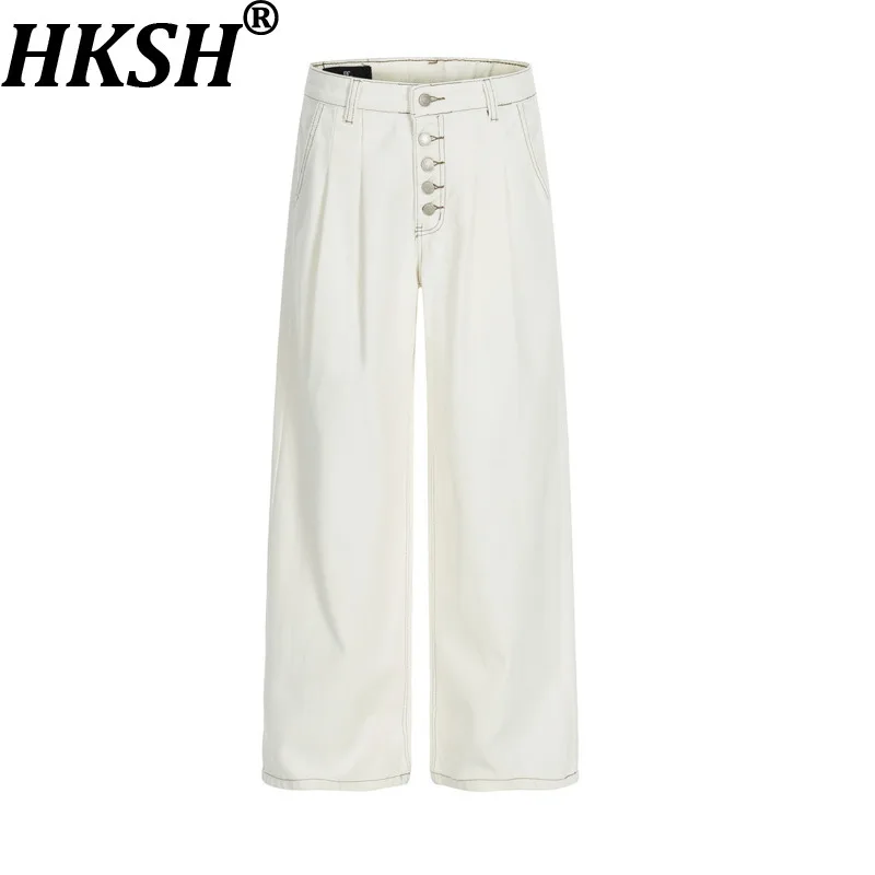 

HKSH Spring Autumn New Men Tide Casual Men Vibe Trendy High Street Double Pleated Punk Button Front Straight Denim Pants HK17831