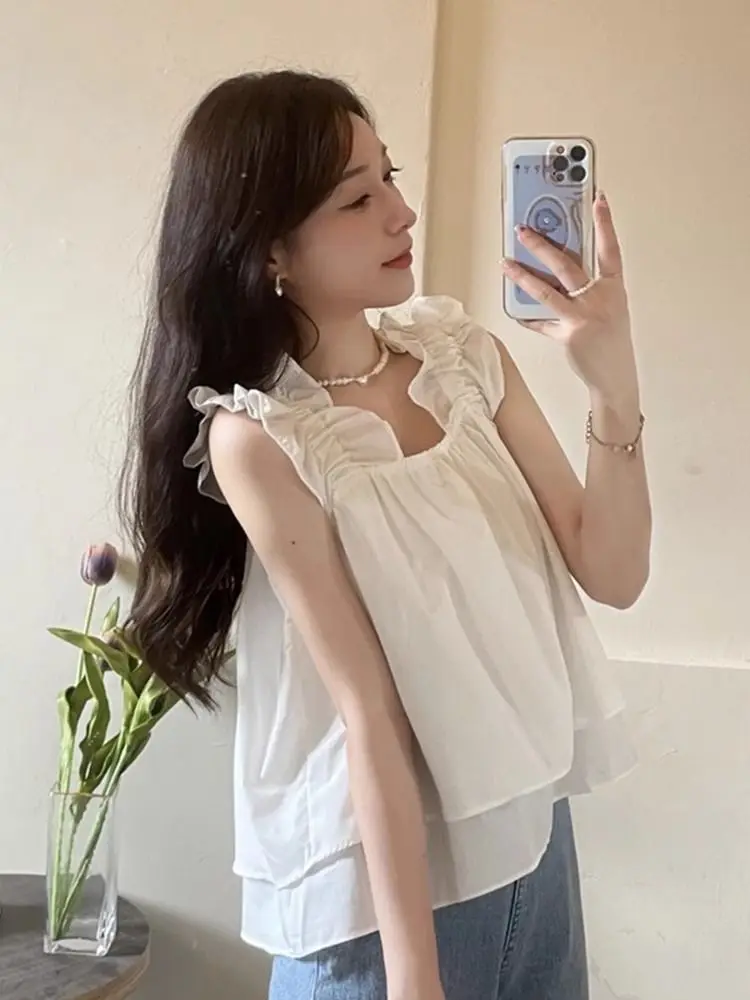

Модная женская однотонная кукла с рюшами, французская летняя новая корейская версия без рукавов, милый жилет, короткий топ