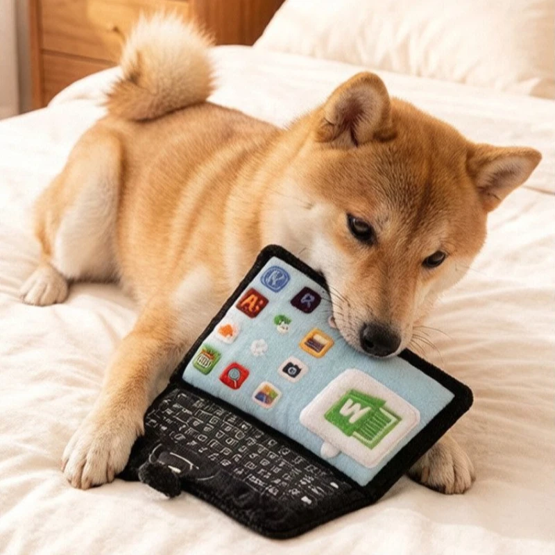 New Plush Laptop Shaped Squeaky Pet Toy, Crinkle Hide Treat Dog Cat Interactive Chew Toy for Puppy Kitten Entertainment Training