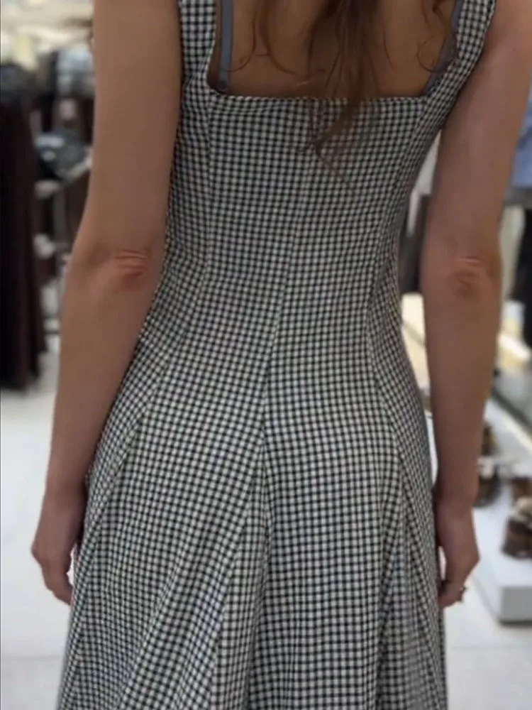 

HH Women 2026 Summer New Fashion Square Neck Sexy Backless Sleeveless Plaid Midi Dress Female Temperament Side Zipper Long Dress