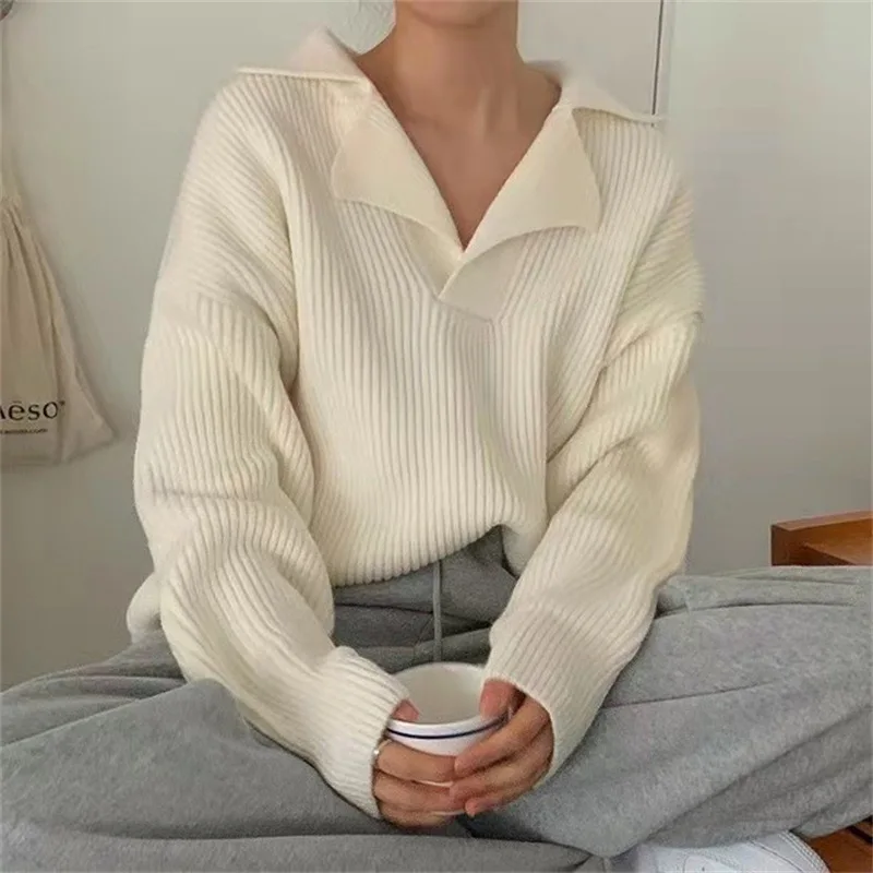 2024 New Sweater Women's Autumn Half-open V-lapel Pullover Solid Color Korean Long-sleeved Loose