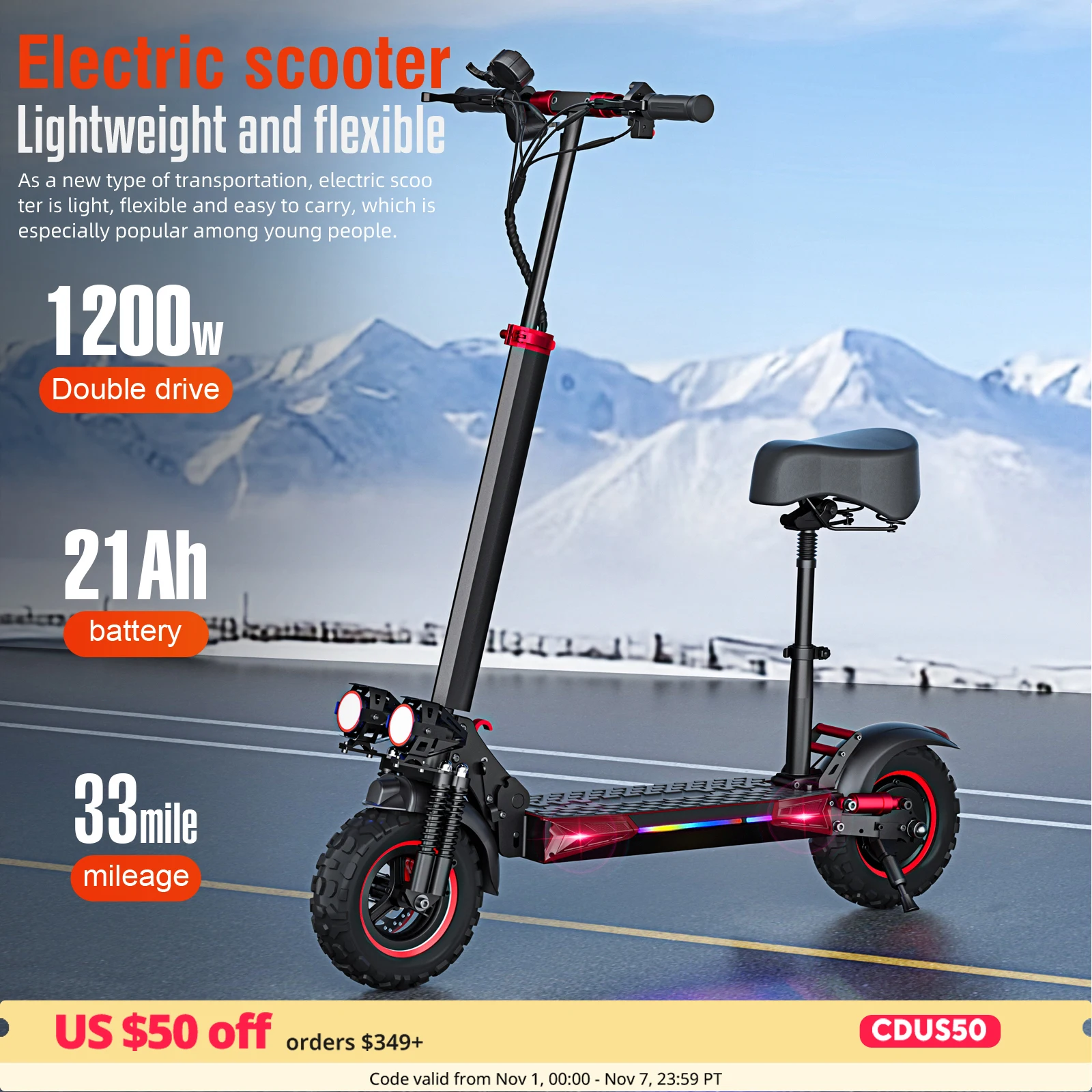 Foldable 1200W Electric Scooter with Seat for Adults, 11'' Off-road Tires, 48V 21Ah Battery, 33Miles Range Commuter E-scooter