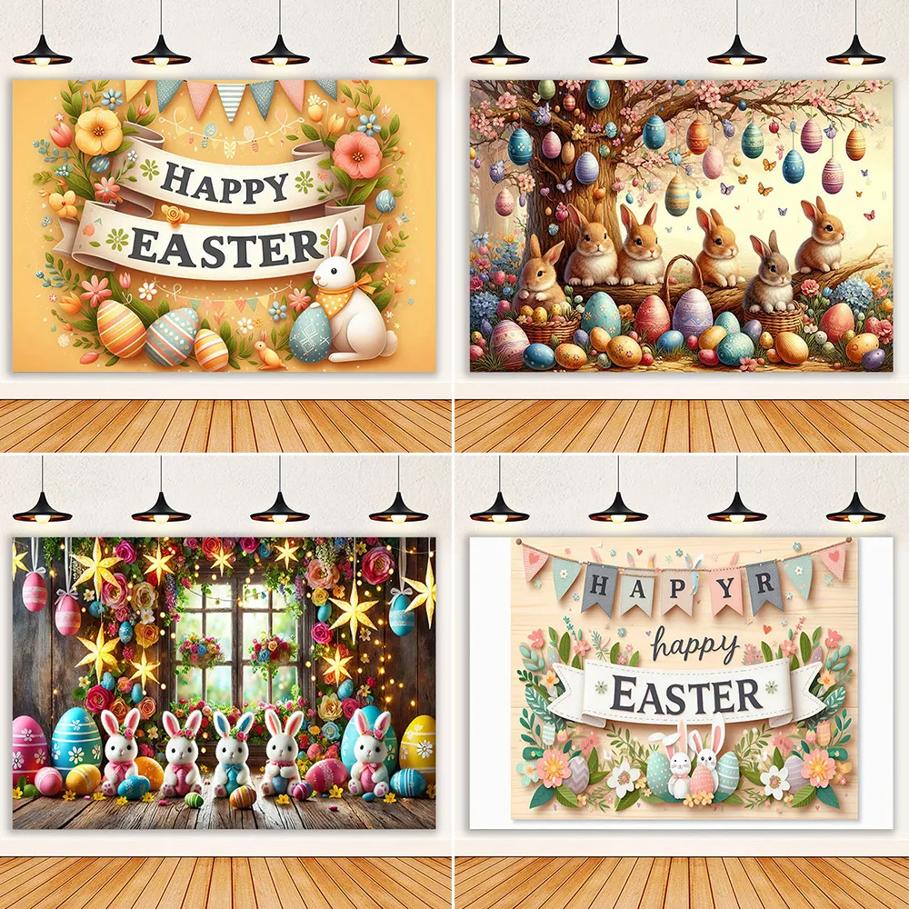 

Happy Easter Photography Backdrop Spring Green Grass Rabbit Bunny Eggs Wooden Board Baby Shower Kids Portrait Decor Background