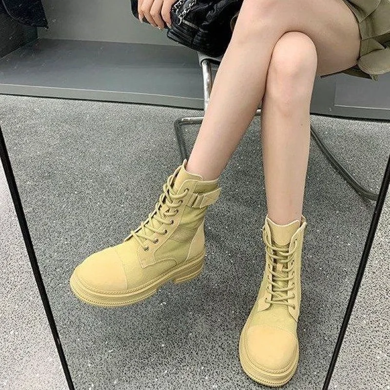 High Top Canvas Boots Women's Nice New Autumn and Winter British Style Round Toe Lace-up Short Boots Thick-soled Tooling Boots