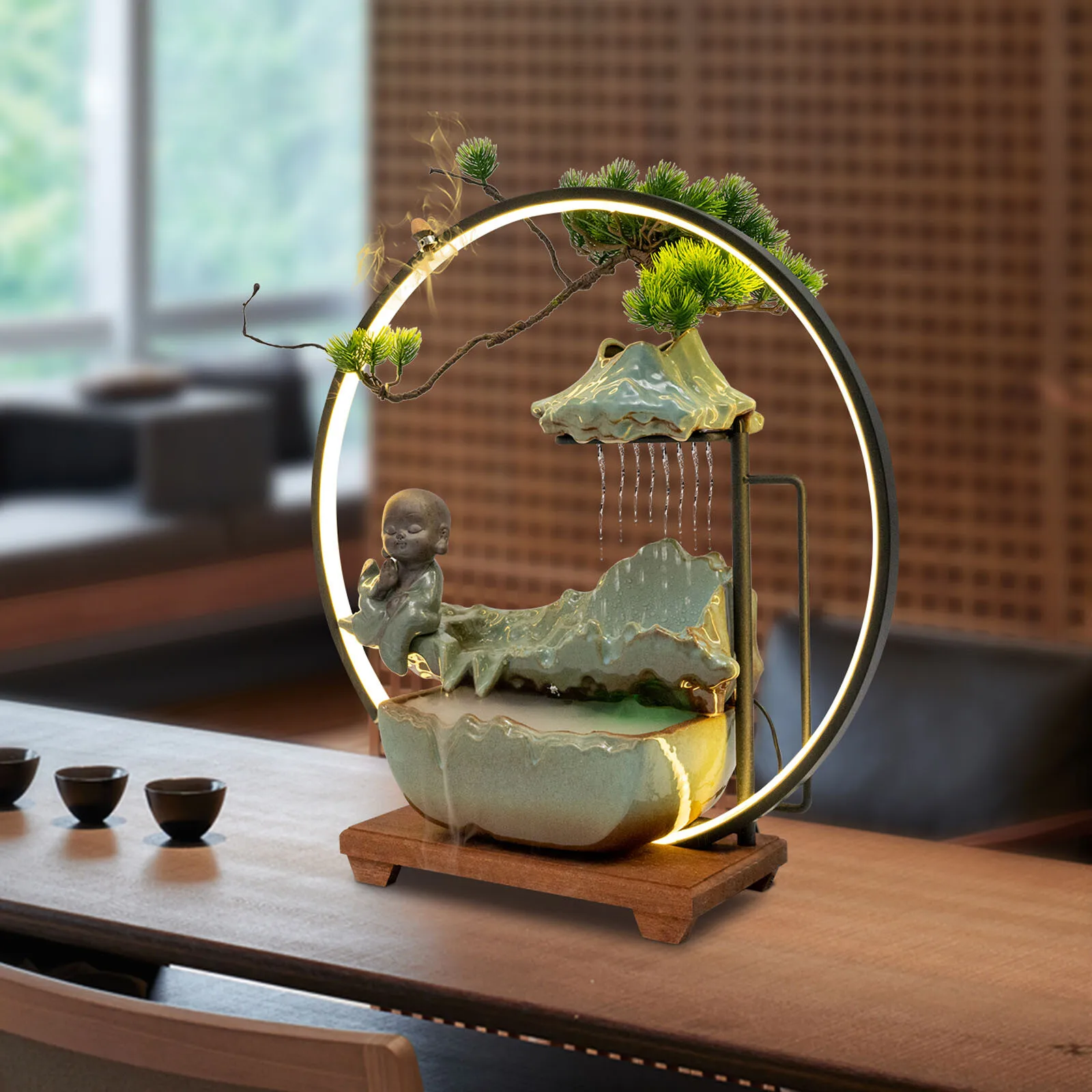 

Светодиодный фонтан с туманом и дизайном рокарий, большая настольная водная функция для домашнего декора, успокаивающий фонтан для гостиной, офиса