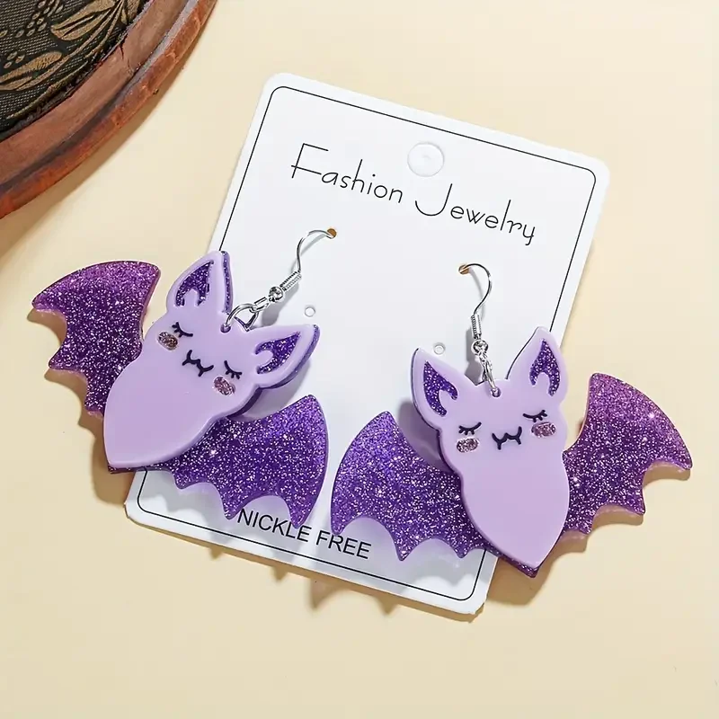 Purple Glittery Spooky Halloween Bat Earrings | Acrylic Spliced Design, Sequin Studs