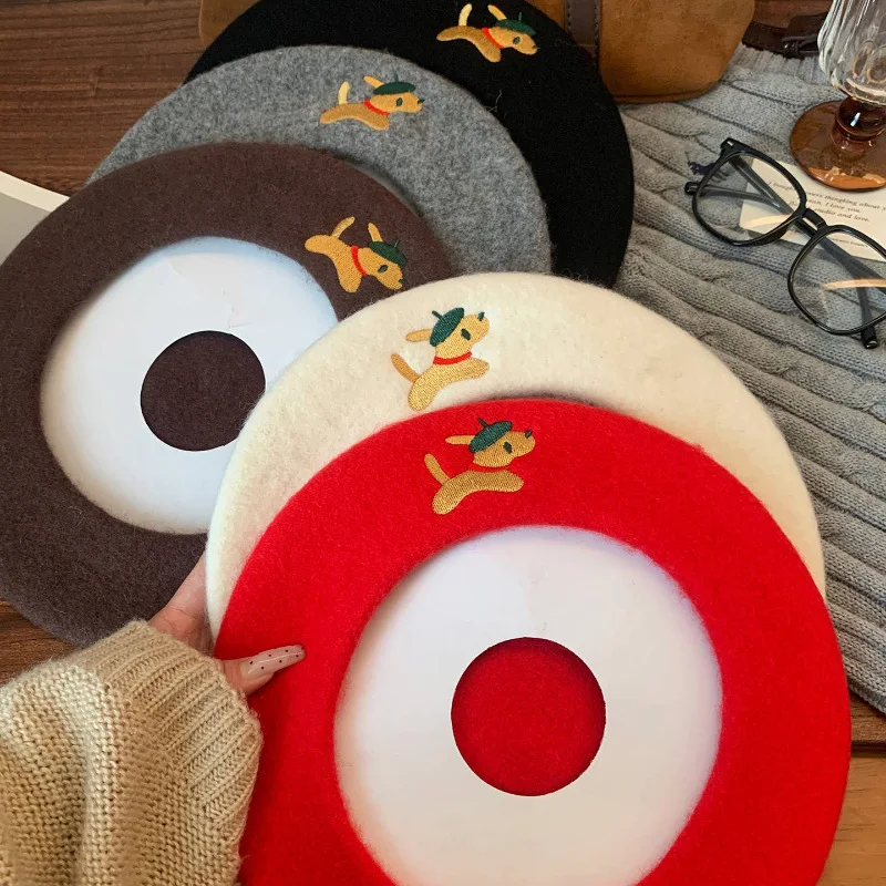 

Осенне-зимние теплые шапки для женщин, берет из шерсти с вышивкой для щенков — кепка художника в стиле ретро с дизайном маленького лица,