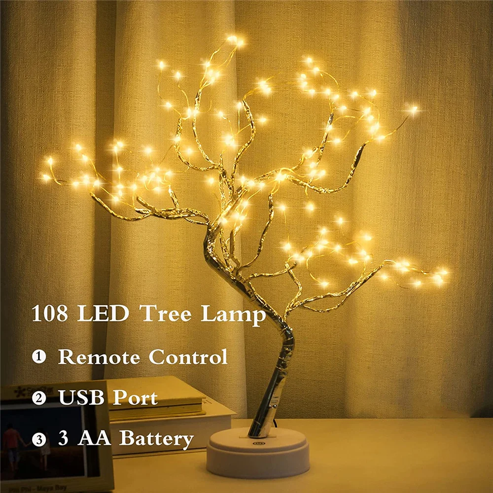 Fata albero lampada da tavolo batteria/USB filo di rame 108 LED fuoco decorativo scrivania luce notturna casa camera da letto regali decorazione