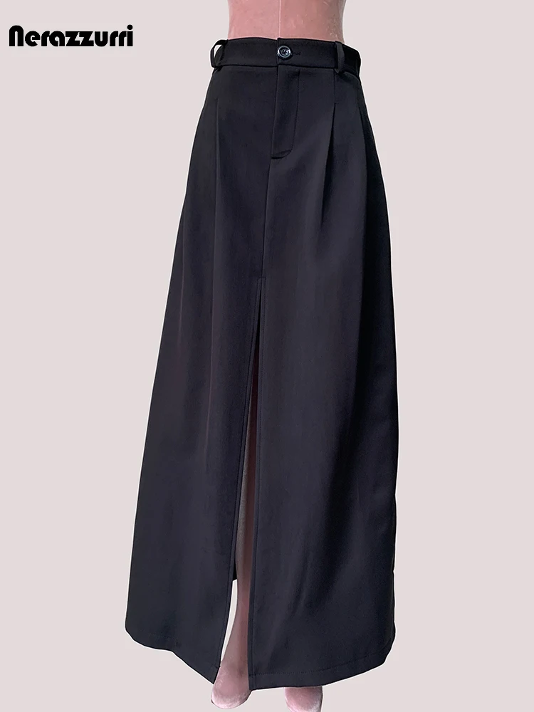 

Lautaro Spring Autumn Black Flowy Floor Length Skirt Women Front Slit High Waist Elegant Extra Long A Line Luxury Clothes 2025