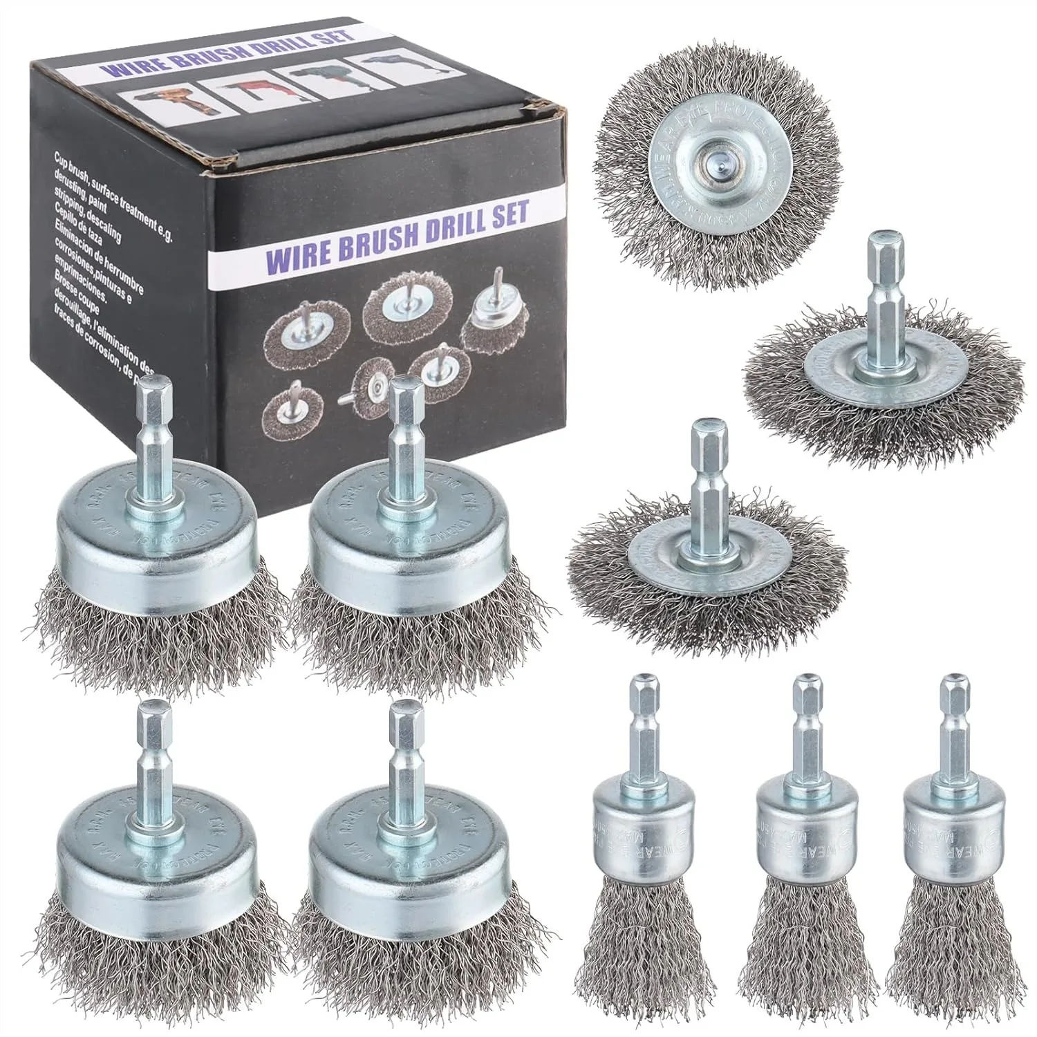 

Carbon Steel Wire Wheel Brush Set, 10-Pack Cup & Pen Brushes with 1/4-Inch Hex Shank for Rust Removal, Corrosion Cleaning