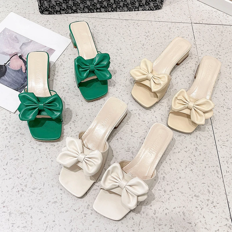 New Summer Slippers Low Heels Slides Female Peep Toe Square Heel bow Sandals Women Big Flip Flops  Flip Flops