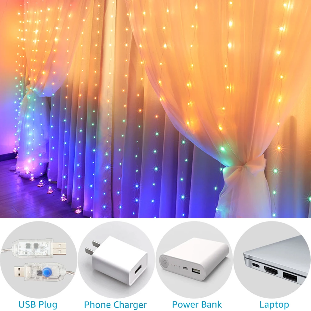 Guirnalda de luces de cortina de hadas de arcoíris USB con gancho, decoración para Navidad, vacaciones, fiesta en casa