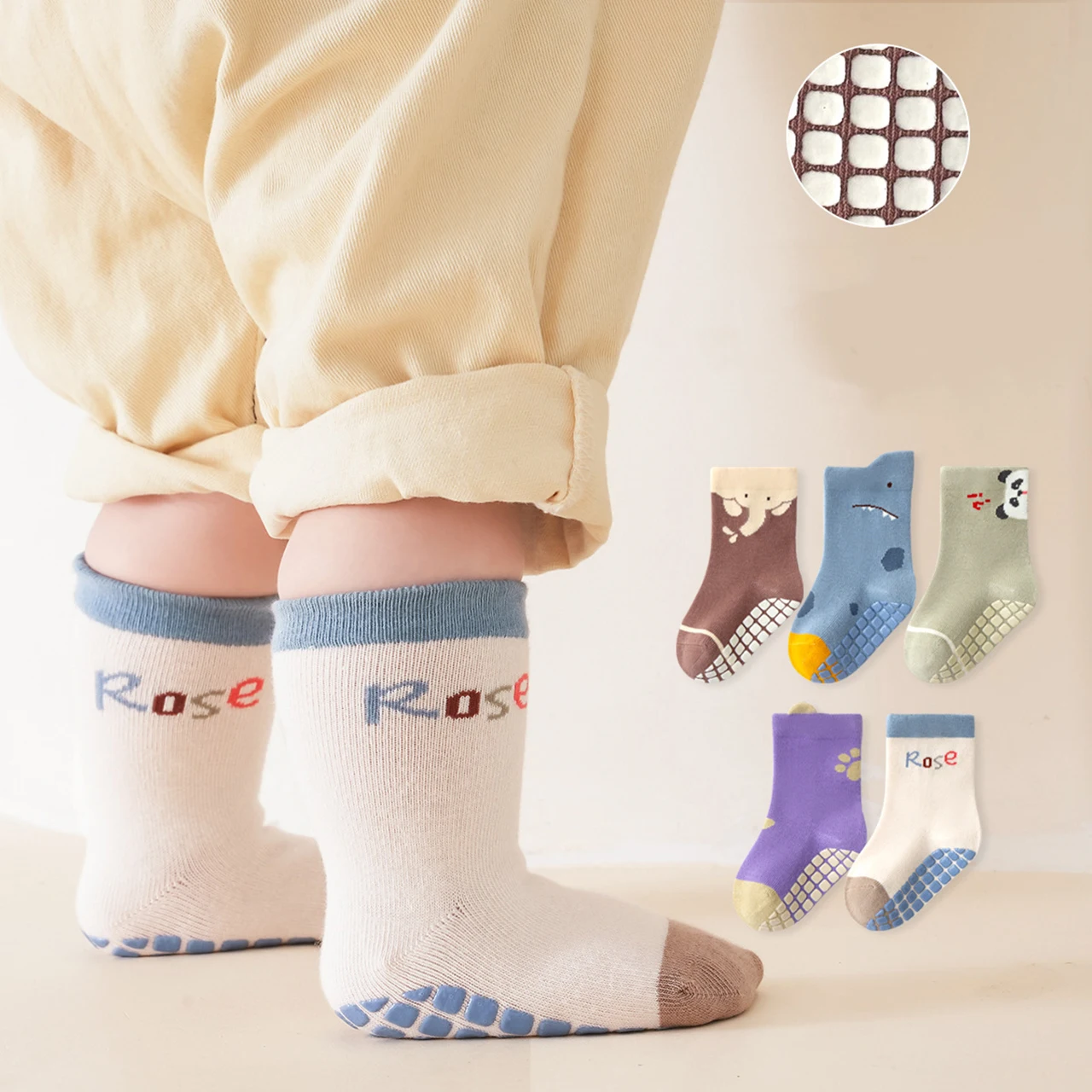 4Pair Indoor Baby Non-slip Floor Socks with Rubber Dots Newborn Learning to Walk Footwear Soft Cotton Kids Mid-Calf Sock 0-4Year