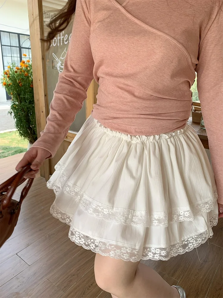 

Sweet Lace Trim A-Line Skirt High Waist f-length Girls' Skirts Ballet Cr Roll Tee Point Mud Sunny Casual Pure Color