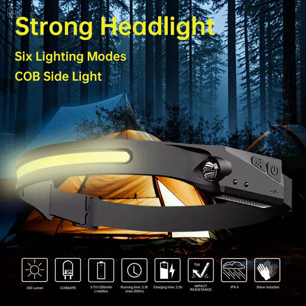 Linterna frontal con Sensor LED recargable por USB XPE + linterna COB con batería integrada para acampar al aire libre, linterna para pesca