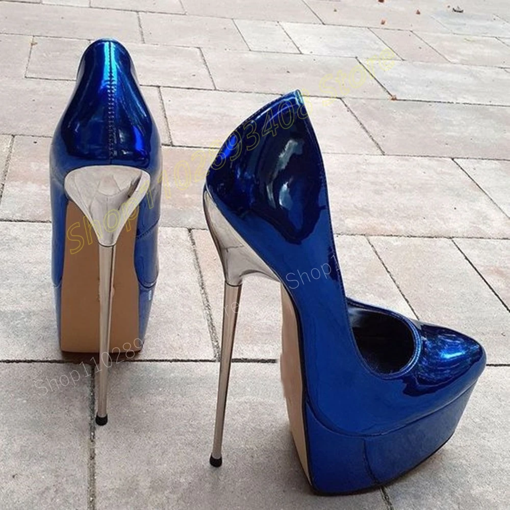 

Dark Blue Patent Leather Platform Pumps Metal Stiletto High Heel Shallow High Quality Fashion Sexy Women Shoes 2024 Para Mujere