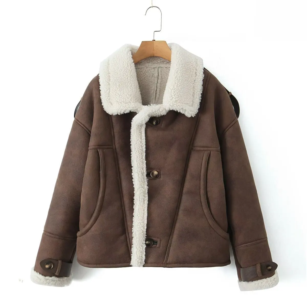 Dave&Di Nordic Minimalistyczna Jesienno-Zimowa Kurtka Damska Zamszowa Luźna Kurtka Zimowa Płaszcz Zamszowy Luźny Płaszcz Damski ze Skóry Jagnięcej