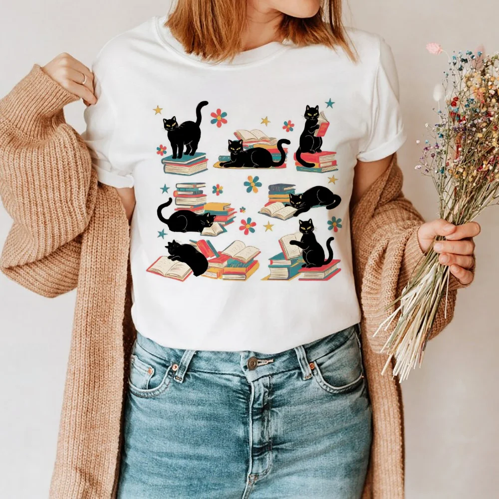 Trend ige 90er Jahre süße T-Shirt Kleidung gedruckt T-Shirt Frauen schwarze Katze T-Shirt Kurzarm gedruckt Muster Mode lässig T-Shirt