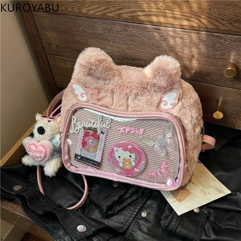 Bolso Ita transparente de gato de peluche esponjoso japonés Y2k, mochila informal Harajuku Kawaii, bolso cruzado, mochila escolar elegante de estilo Preppy