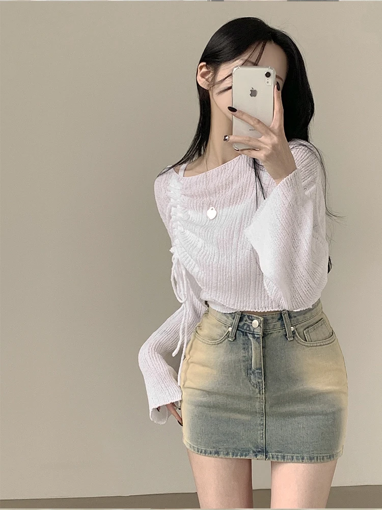 Chic Summer New Long Sleeve Knitted Women's Thin  Knot Sun Protection Coat Short One-Shoulder Top Drawstring Korean ...