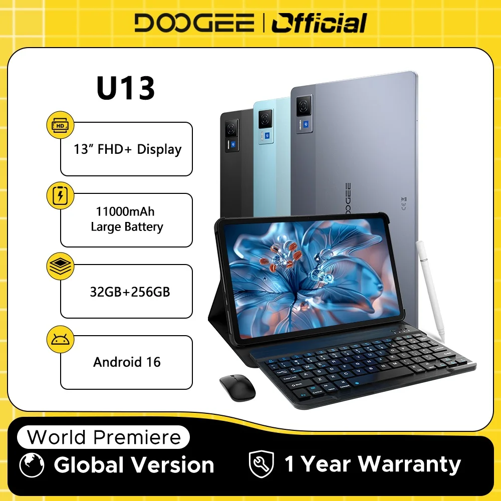 DOOGEE U13 تابلت أندرويد 16 قطعة Gemini AI 13 بوصة FHD + شاشة 32 جيجابايت رام 256 جيجابايت 11000 مللي أمبير بطارية كبيرة 7.5 ملم لوحة ذكية رفيعة للغاية