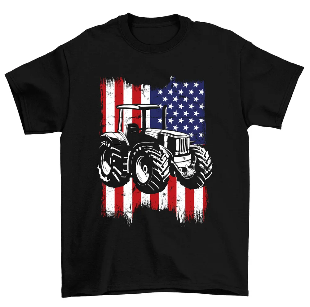 US Flag Tractor T-Shirt American Farmer Farm Graphic Tee Men High Quality 100%Cotton Short Sleeve